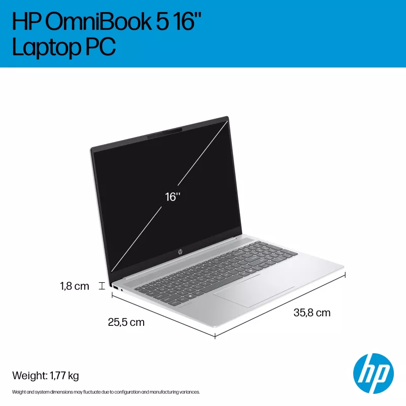 HP OmniBook 5 16-ba1004na Intel® Core™ i5 i5-1334U Portátil 40,6 cm (16 pulgadas) 2K 16 GB LPDDR5x-SDRAM 512 GB SSD Wi-Fi 6 (802.11ax) Windows 11 Home plateado (reacondicionado)