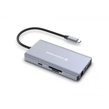Conceptronic DONN20G Docking station USB 3.2 Gen 1 de 10 en 1, HDMI, VGA, USB-A 5 Gbit/s, USB-C 5 Gbit/s, SD, TF/MicroSD, Audio, GbE LAN, 100 W USB PD
