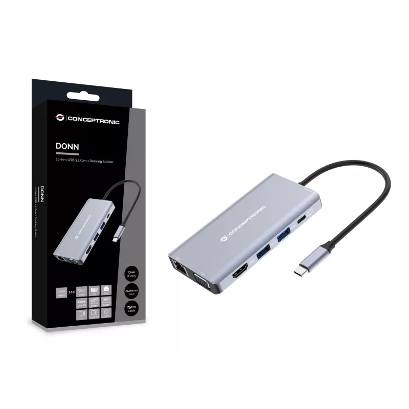 Conceptronic DONN20G Docking station USB 3.2 Gen 1 de 10 en 1, HDMI, VGA, USB-A 5 Gbit/s, USB-C 5 Gbit/s, SD, TF/MicroSD, Audio, GbE LAN, 100 W USB PD