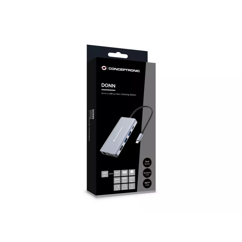 Conceptronic DONN20G Docking station USB 3.2 Gen 1 de 10 en 1, HDMI, VGA, USB-A 5 Gbit/s, USB-C 5 Gbit/s, SD, TF/MicroSD, Audio, GbE LAN, 100 W USB PD