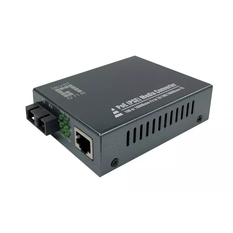LevelOne Convertidor de medios RJ45 a SC Gigabit, PoE PSE, fibra monomodo, 20km