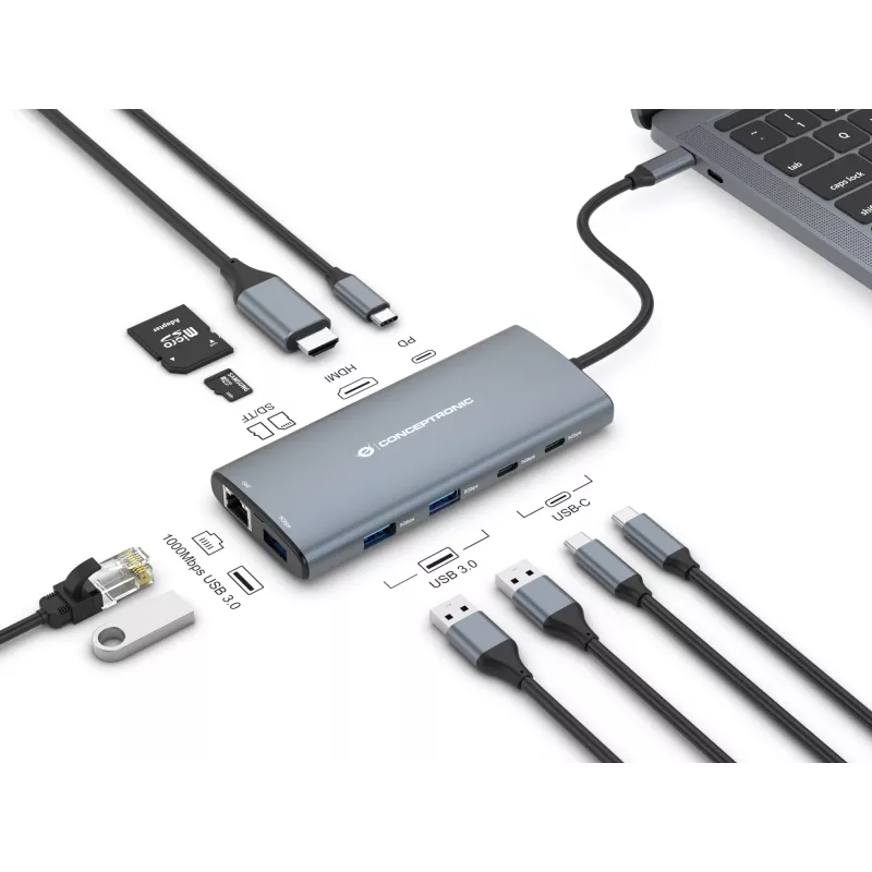 Conceptronic DONN06G Docking station USB 3.2 Gen 1 de 10 en 1, HDMI, 100 W USB PD, USB-C 5 Gbit/s x 2, USB-A 5 Gbit/s x 3, SD, TF/MicroSD, GbE