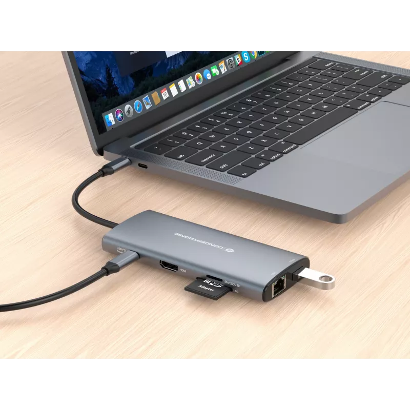 Conceptronic DONN06G Docking station USB 3.2 Gen 1 de 10 en 1, HDMI, 100 W USB PD, USB-C 5 Gbit/s x 2, USB-A 5 Gbit/s x 3, SD, TF/MicroSD, GbE