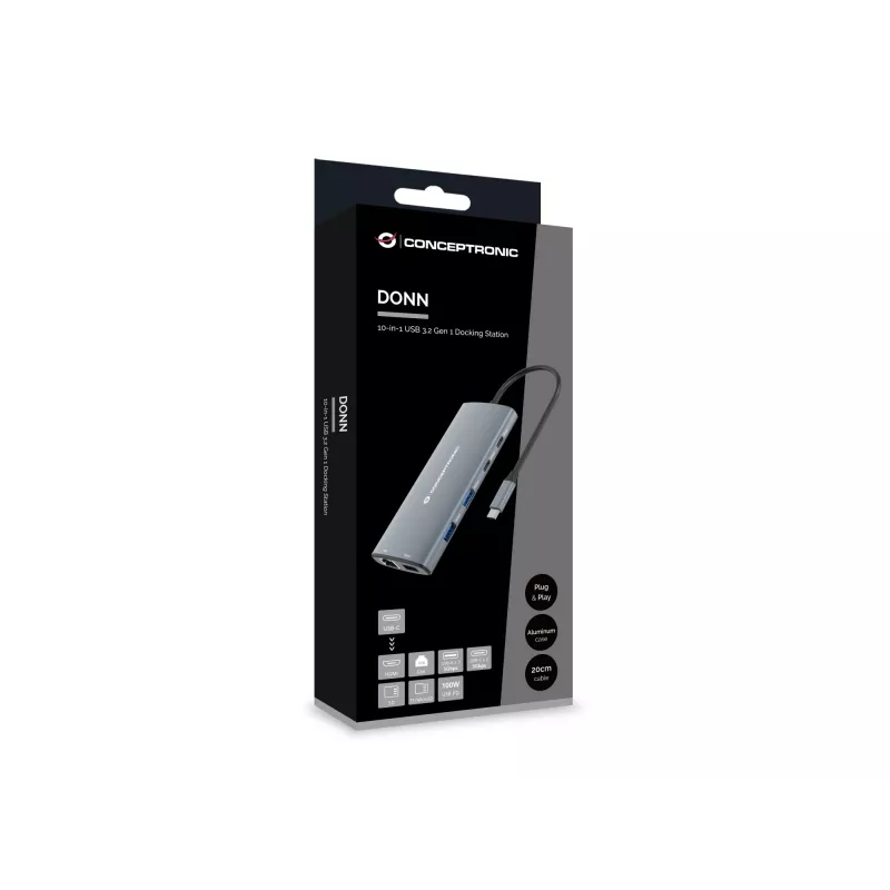 Conceptronic DONN06G Docking station USB 3.2 Gen 1 de 10 en 1, HDMI, 100 W USB PD, USB-C 5 Gbit/s x 2, USB-A 5 Gbit/s x 3, SD, TF/MicroSD, GbE