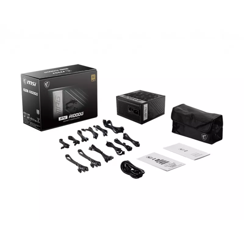 MSI MPG A1000G UK PSU '1000W, certificado 80 Plus Gold, totalmente modular, condensadores 100% japoneses, cables planos, fuente de alimentación ATX, cable de alimentación UK, Negro, compatible con las últimas GPU'