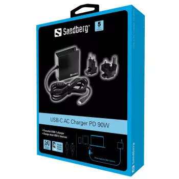 Sandberg Cargador de CA USB-C PD 90W EU+UK, Interior, CA, 20,2 V, 4,5 A, 1,8 m, Negro