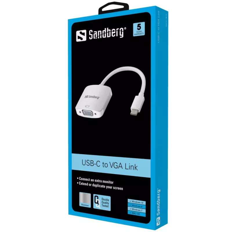 Sandberg USB-C a VGA Link, USB Type-C, VGA (D-Sub), Conector macho, Conector hembra, 1920 x 1080 (HD 1080), 2048 x 1152, 1080p