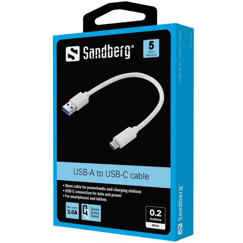 Sandberg USB-C 3.1 > USB-A 3.0 0,2 M, 0,2 m, USB C, USB A, USB 3.2 Gen 1 (3.1 Gen 1), Blanco