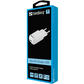 Sandberg Mini cargador de CA USB 1A EU, Interior, CA, 5 V, Negro, Blanco