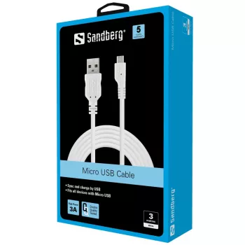 Sandberg Cable de sincronización/carga MicroUSB 3 m, 3 m, USB A, Micro-USB B, USB 2.0, Conector macho/Conector macho, Blanco