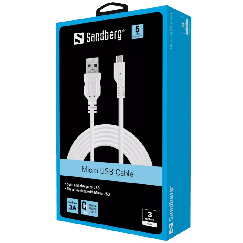Sandberg Cable de sincronización/carga MicroUSB 3 m, 3 m, USB A, Micro-USB B, USB 2.0, Conector macho/Conector macho, Blanco