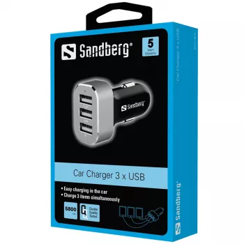 Sandberg Cargador múltiple para coche 3xUSB, Coche, Mechero, USB, 5 V, Negro, Plata