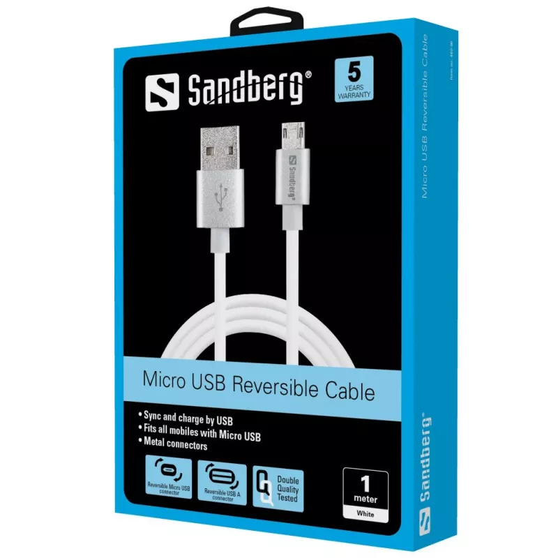 Sandberg Cable MicroUSB reversible 1m, 1 m, USB A, Micro-USB A, Plata, Blanco