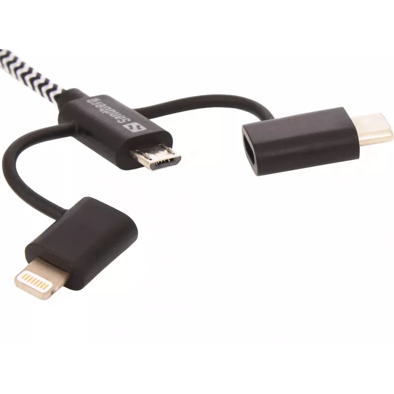Sandberg 3en1 Lightning+MicroUSB+USB-C 1m, 1 m, Micro-USB A, USB A, Conector macho/Conector macho, Negro, Gris