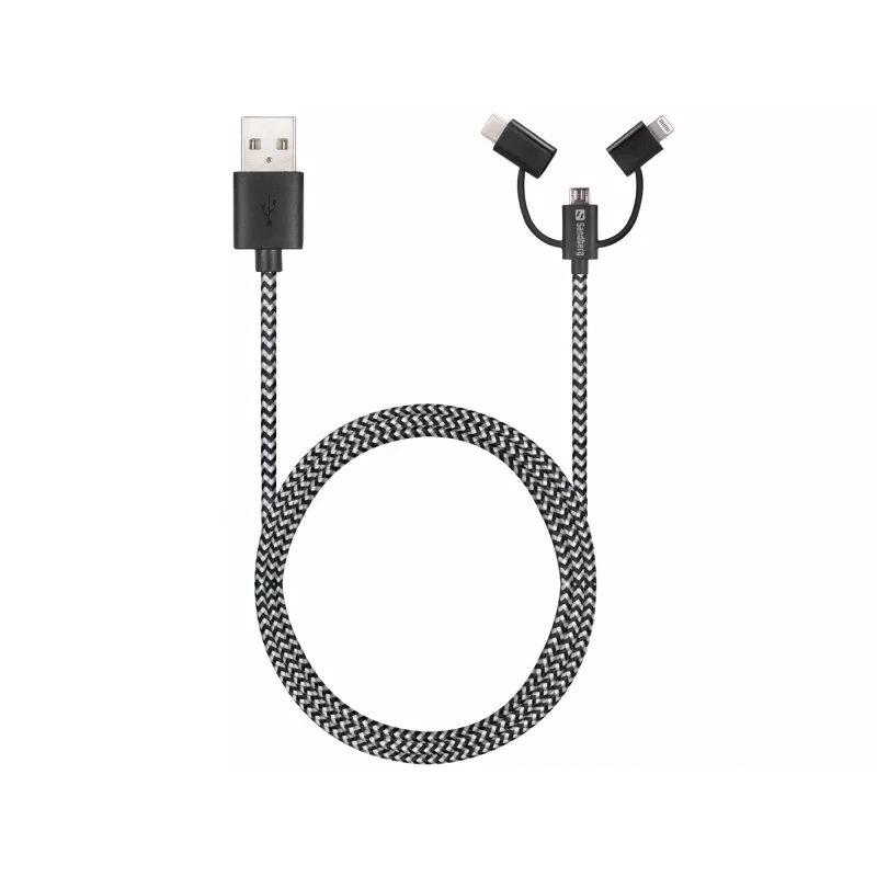 Sandberg 3en1 Lightning+MicroUSB+USB-C 1m, 1 m, Micro-USB A, USB A, Conector macho/Conector macho, Negro, Gris