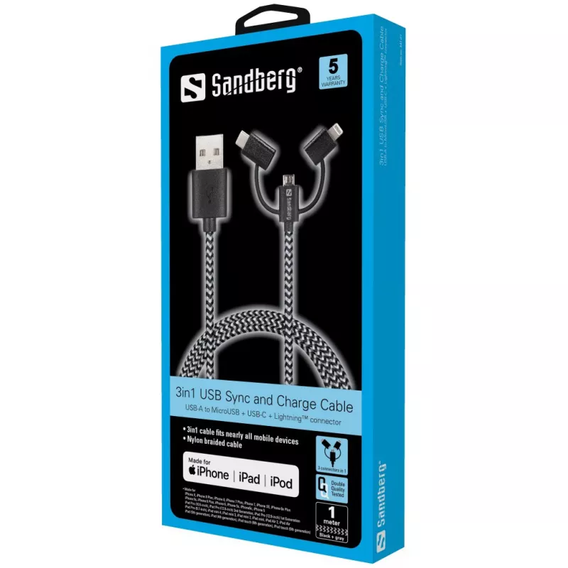 Sandberg 3en1 Lightning+MicroUSB+USB-C 1m, 1 m, Micro-USB A, USB A, Conector macho/Conector macho, Negro, Gris