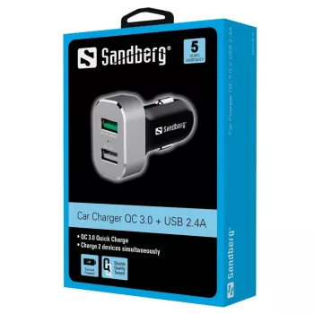 Sandberg Cargador para coche 1xQC 3.0+1xUSB2.4A, Coche, Mechero, 12 V, Aluminio, Negro