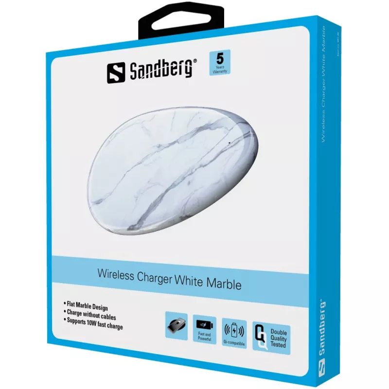 Sandberg Wireless Charger White Marble, USB, carga inalámbrica, PowerIQ, 1 m, negro, blanco
