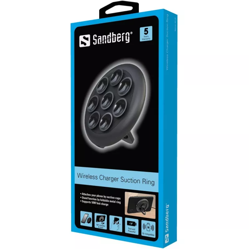 Sandberg Cargador inalámbrico Suction Ring, Interior, Exterior, USB, Carga inalámbrica, PowerIQ, Negro