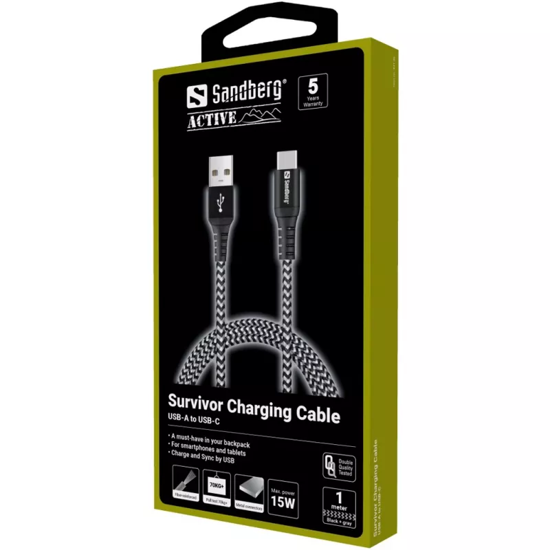 Sandberg Cable Survivor USB-C—USB-A 1 m, 1 m, USB A, USB C, USB 2.0, Negro, Gris