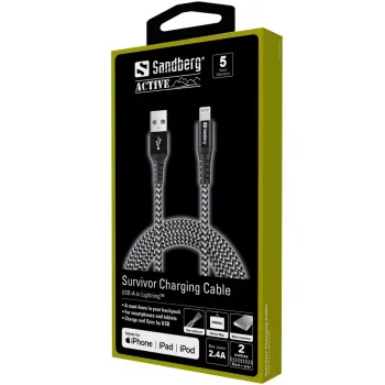 Sandberg Cable Survivor Lightning 2 m, 2 m, Lightning, USB A, Conector macho, Conector macho, Negro, Gris