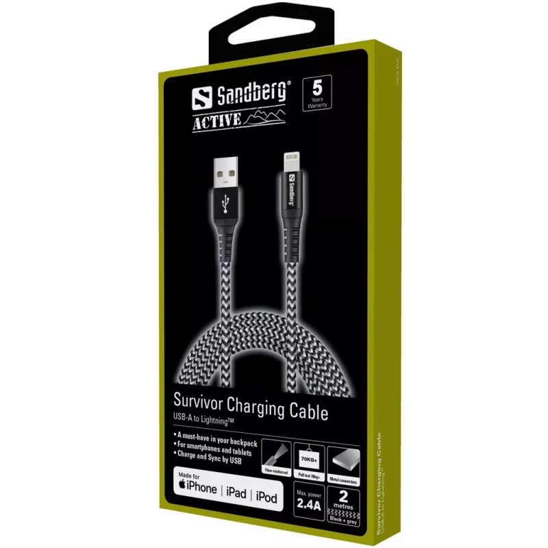 Sandberg Cable Survivor Lightning 2 m, 2 m, Lightning, USB A, Conector macho, Conector macho, Negro, Gris
