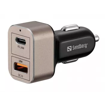 Sandberg Cargador de coche 1xQC3.0+1xUSBC 24W, Coche, Mechero, 12 V, Negro, Gris