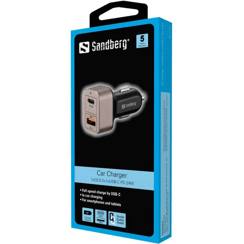Sandberg Cargador de coche 1xQC3.0+1xUSBC 24W, Coche, Mechero, 12 V, Negro, Gris