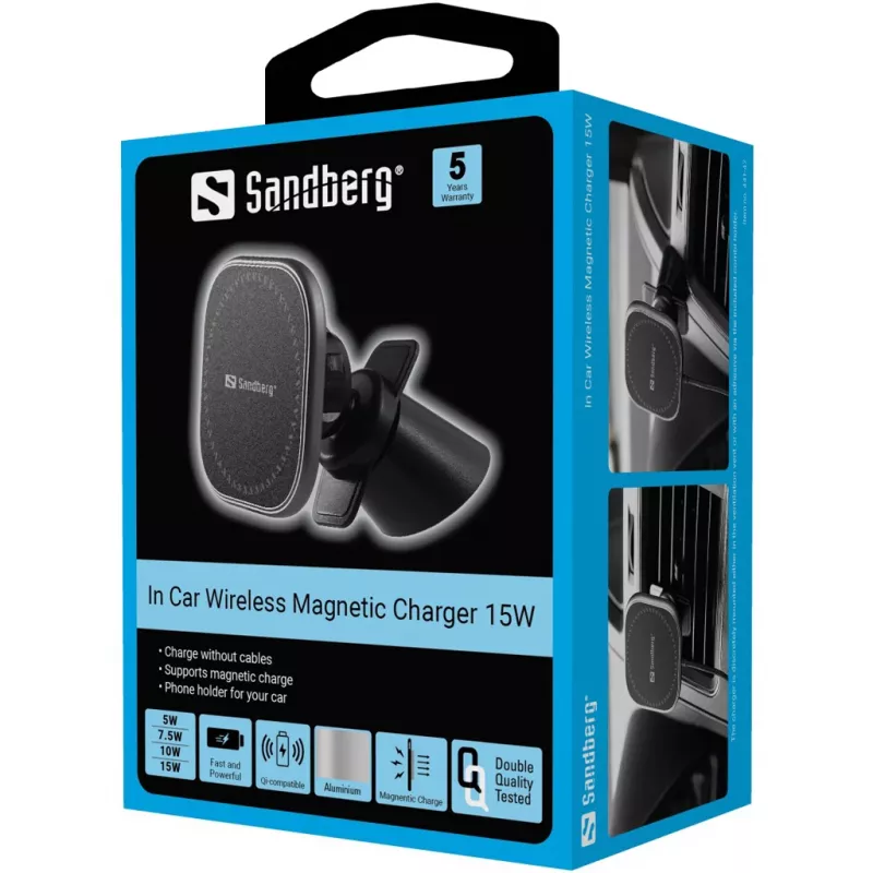 Sandberg Cargador magnético inalámbrico para coche 15W, Coche, USB, Carga inalámbrica, 1,2 m, Negro
