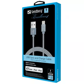 Sandberg Excellence Lightning Gris 1m, 1 m, Lightning, USB A, Gris, Recto, Recto