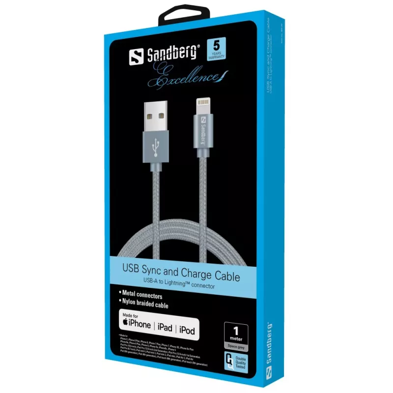 Sandberg Excellence Lightning Gris 1m, 1 m, Lightning, USB A, Gris, Recto, Recto
