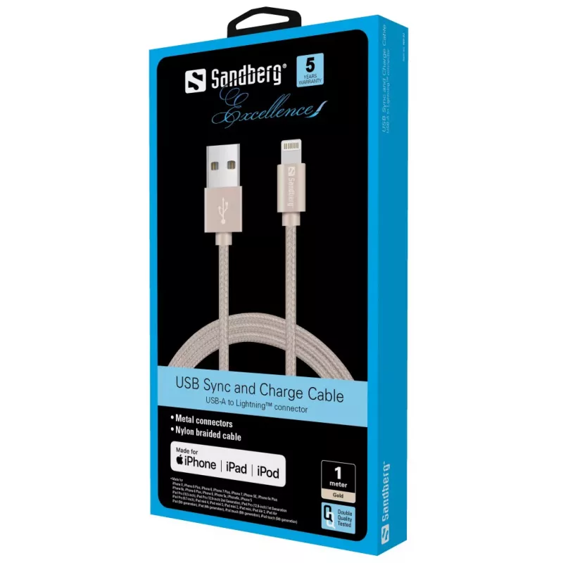 Sandberg Excellence Lightning Oro 1m, 1 m, Lightning, USB A, Oro, Recto, Recto