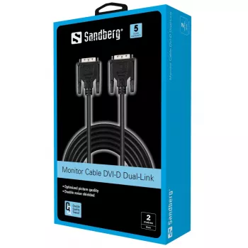 Sandberg Cable de monitor DVI-DVI 2 m, 2 m, Negro, Conector macho/Conector macho, 145 mm, 35 mm, 205 mm