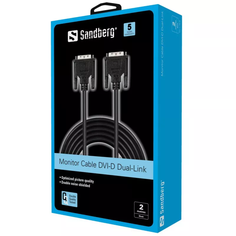 Sandberg Cable de monitor DVI-DVI 2 m, 2 m, Negro, Conector macho/Conector macho, 145 mm, 35 mm, 205 mm
