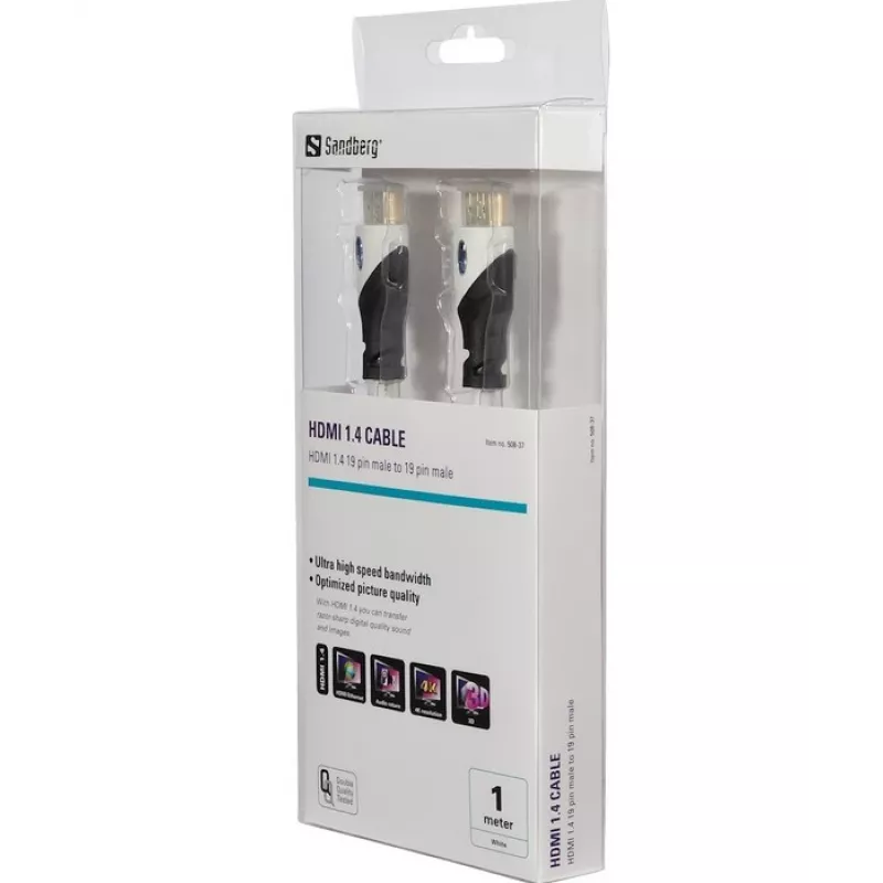 Sandberg HDMI 1.4 19M-19M, 1m, 1 m, HDMI Type-A (Estándar), HDMI Type-A (Estándar), Negro, Blanco