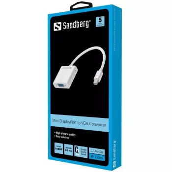 Sandberg Adaptador Mini DisplayPort>VGA, Mini DisplayPort, VGA (D-Sub), Conector macho, Conector hembra, 1920 x 1080 píxeles, 1920 x 1080 (HD 1080)