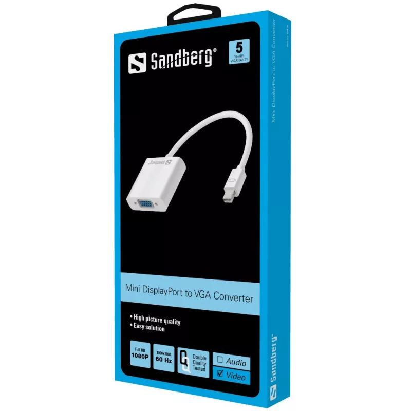 Sandberg Adaptador Mini DisplayPort>VGA, Mini DisplayPort, VGA (D-Sub), Conector macho, Conector hembra, 1920 x 1080 píxeles, 1920 x 1080 (HD 1080)