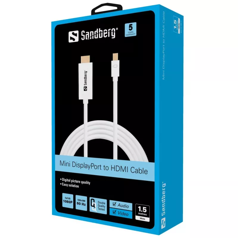 Sandberg Cable MiniDP > HDMI 1,5 m, 1,5 m, Mini DisplayPort, HDMI, Conector macho, Conector macho, Blanco