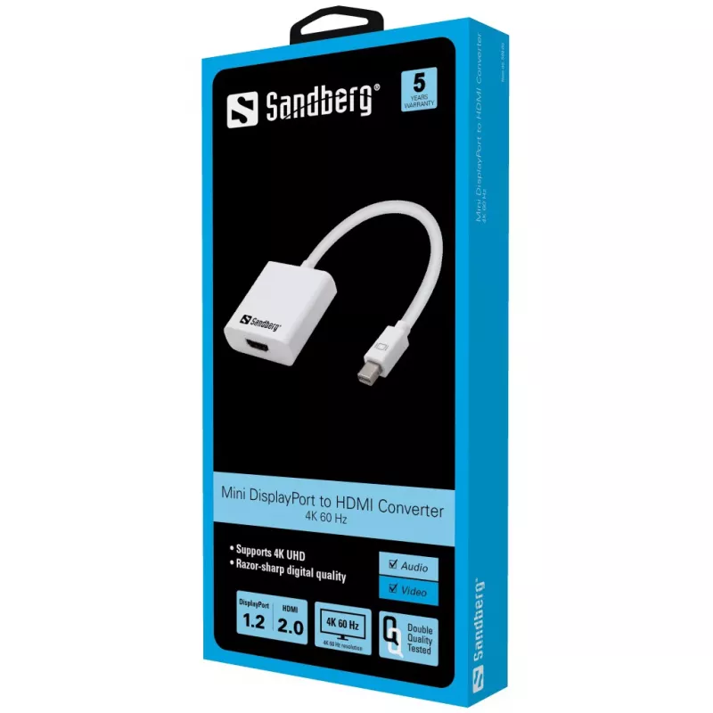 Sandberg Adaptador MiniDP1.2>HDMI2.0 4K60, Mini DisplayPort, HDMI, Conector macho, Conector hembra, 3840 x 2160 píxeles, 6 Gbit/s