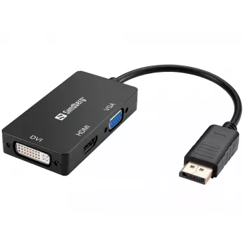Sandberg Adaptador DP>HDMI+DVI+VGA, 0,19 m, DisplayPort, VGA (D-Sub)+ HDMI + DVI, Conector macho, Conector hembra, 3840 x 2160 píxeles