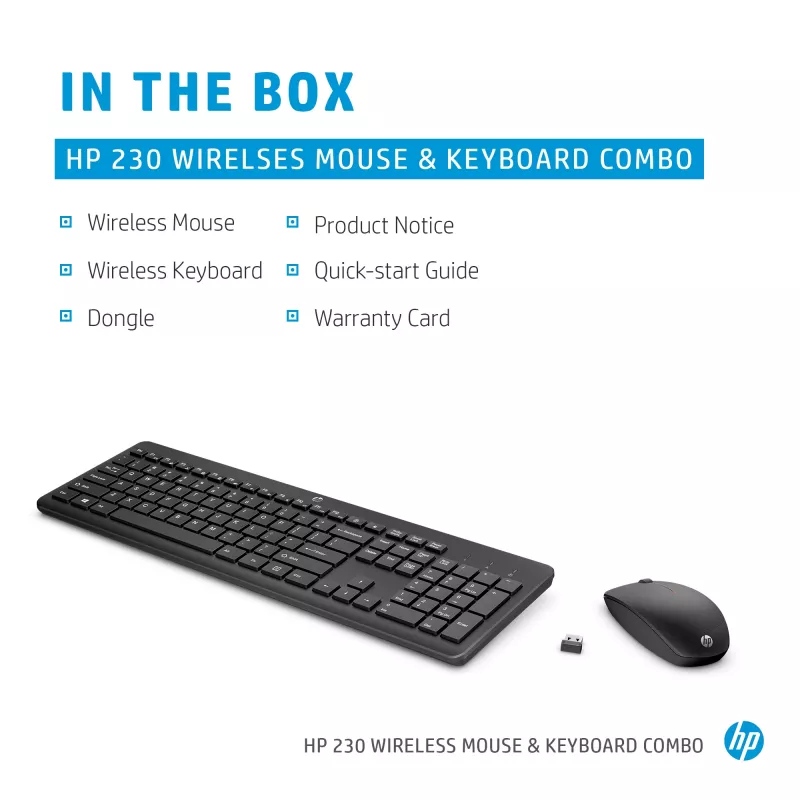 HP 230 teclado y ratón inalámbricos combo, tamaño completo, membrana, blanco