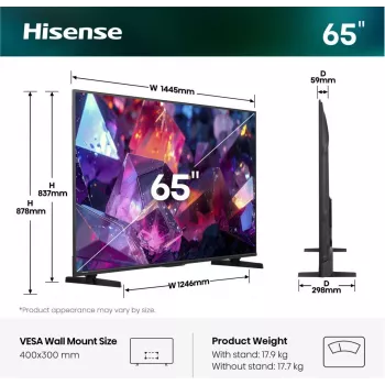 Hisense 65E7S PRO TV 165,1 cm (65 pulgadas) UHD+ Smart-TV WLAN negro 350 cd/m²