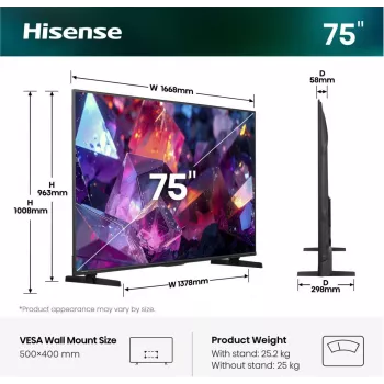 Hisense 75E7S PRO TV 189 cm (75 pulgadas) UHD+ Smart-TV Wi-Fi negro 350 cd/m²