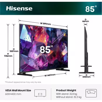 Hisense 85E7S PRO TV 2,16 m (85 pulgadas) UHD+ Smart-TV Wi-Fi negro 400 cd/m²