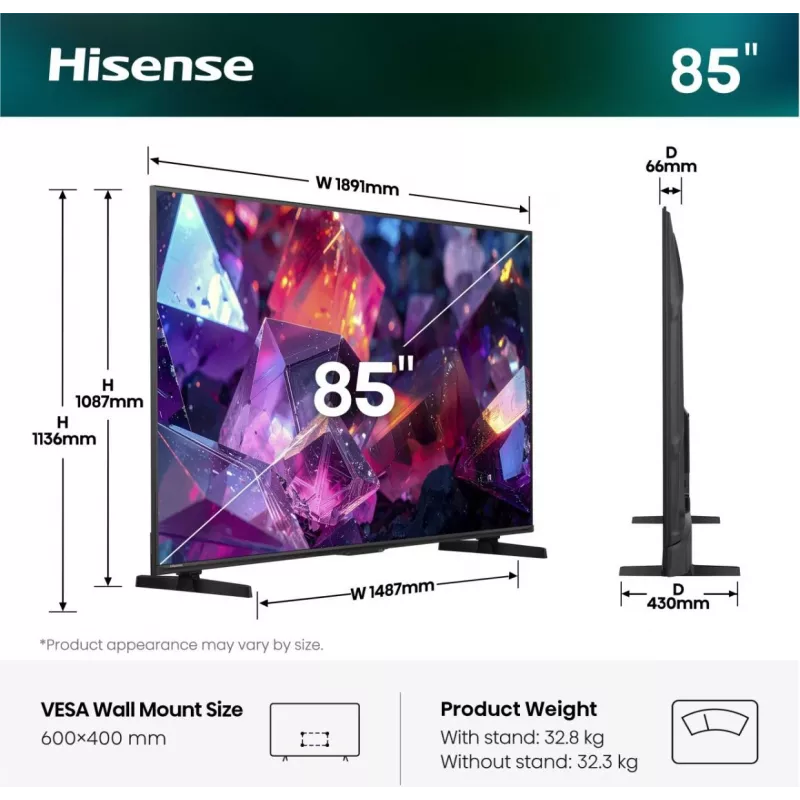 Hisense 85E7S PRO TV 2,16 m (85 pulgadas) UHD+ Smart-TV Wi-Fi negro 400 cd/m²