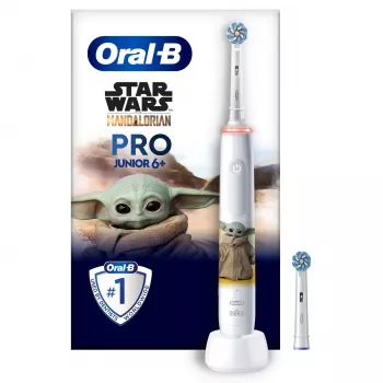 Oral-B PRO Junior Star Wars, niños, cepillo de dientes rotatorio, limpieza diaria, pulido, sensitive, multicolor, blanco, 4 x 30 seg., suave