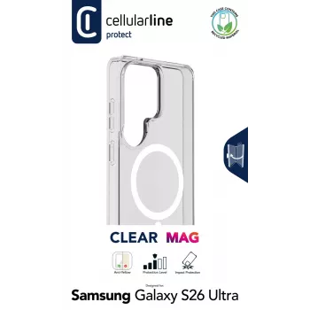 Cellularline Clear Mag - funda transparente ultrarresistente para Galaxy S26 Ultra con borde de goma, compatible con el ecosistema Qi2 y accesorios magnéticos, tratada contra el amarilleo.