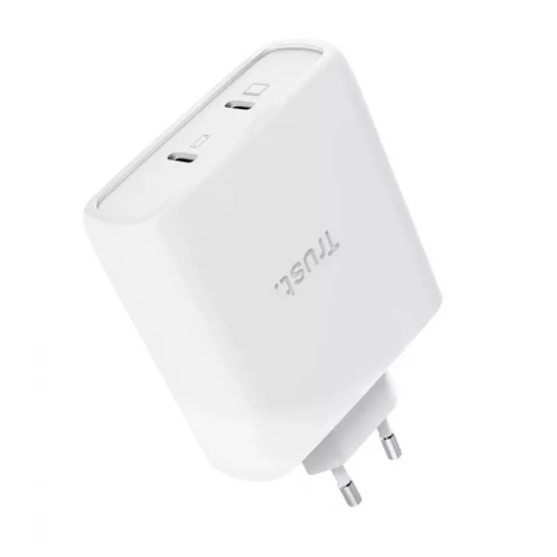 Cargador TRUST Maxo 100W 2 puertos USB-C GaN — 100 W, 2x USB-C, 20 V máx, AC, interior, cable de 2 m, blanco