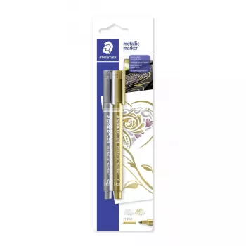 Staedtler 8323-S BK2 rotulador metálico, punta redonda 1-2 mm, oro/plata, paquete de 2