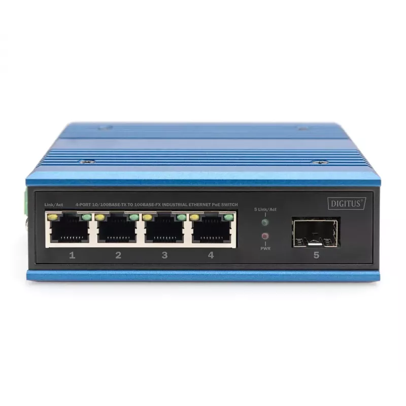 Conmutador de red PoE Digitus 4 puertos Fast Ethernet, industrial, no gestionado, 1 uplink SFP